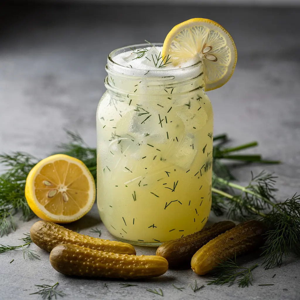 dill pickle lemonade, crunchy lemonade recipe, savory lemonade, pickle juice drink, unique lemonade ideas