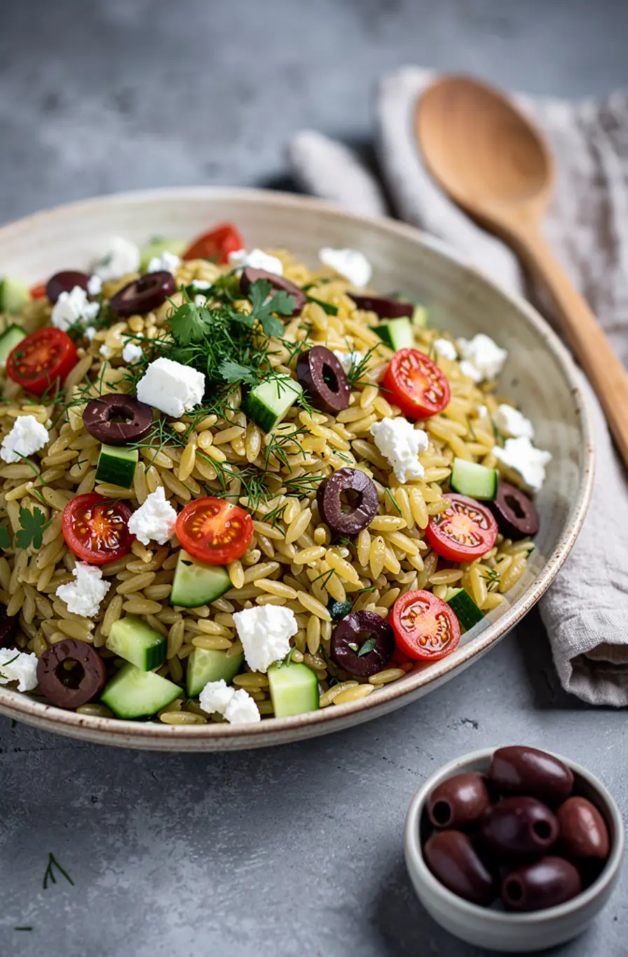 Greek Orzo Salad with Cucumber, Feta & Kalamata Olives Recipe – finished dish