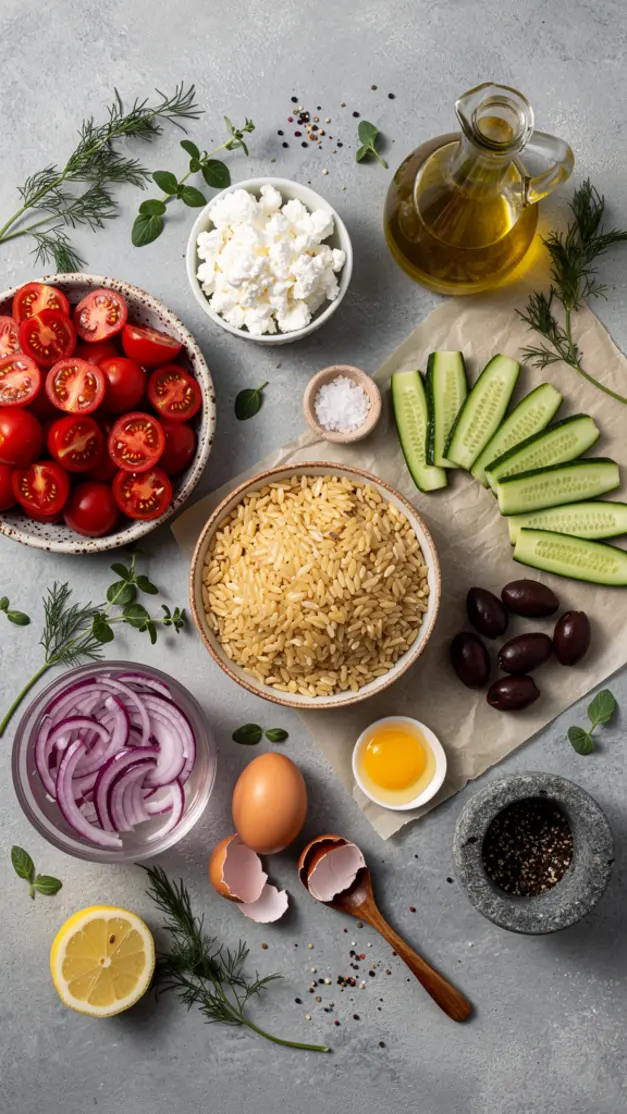 Ingredients for Greek Orzo Salad with Cucumber, Feta & Kalamata Olives Recipe