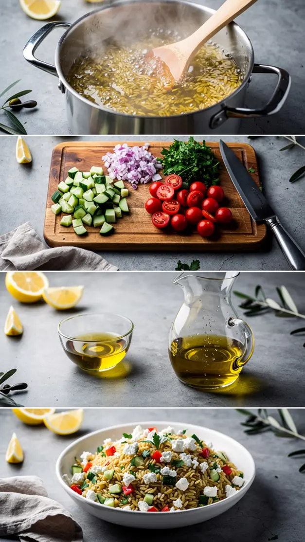 Step-by-step process for Greek Orzo Salad with Cucumber, Feta & Kalamata Olives Recipe