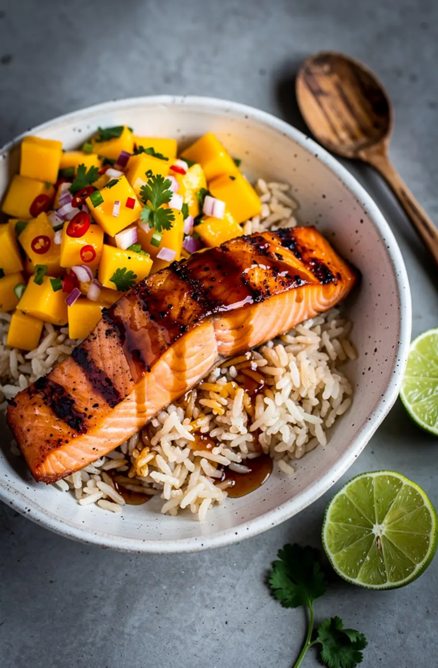 Honey Sriracha Salmon Rice Bowl with Mango Salsa Recipe – finished dish