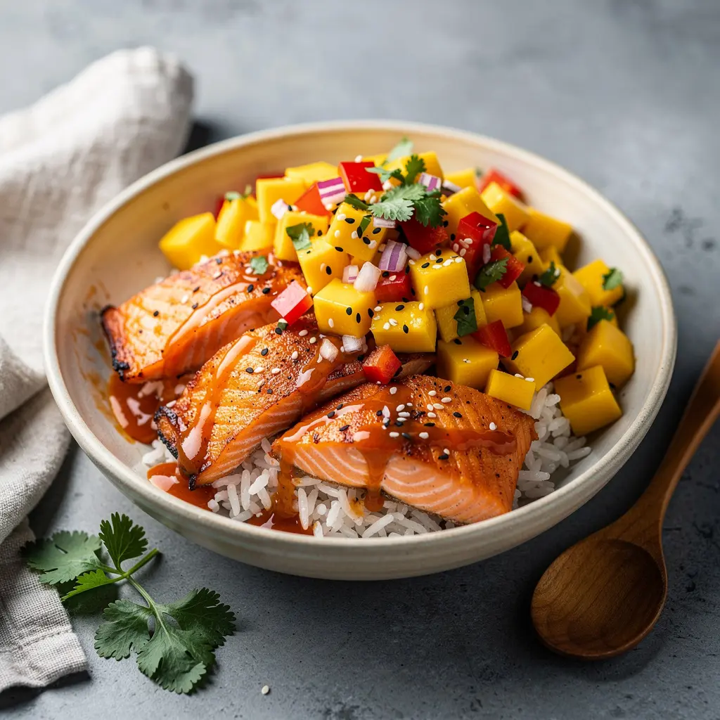 Honey Sriracha Salmon Rice Bowl with Mango Salsa Recipe, easy honey sriracha salmon rice bowl, homemade mango salsa salmon bowl, best honey sriracha salmon recipe, how to make honey sriracha salmon rice bowl