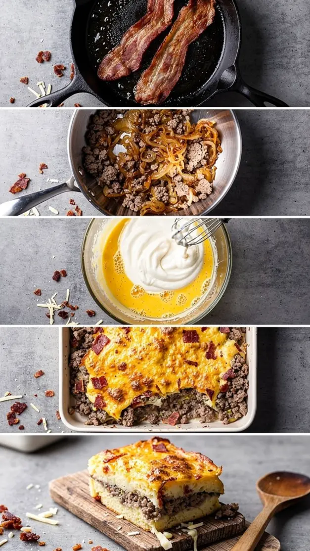 Step-by-step process for Keto Bacon Cheeseburger Casserole Recipe