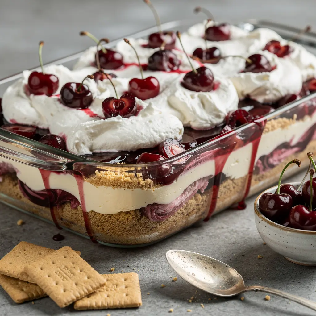 No-Bake Cherry Cheesecake Lasagna Recipe, easy no-bake cherry cheesecake lasagna, homemade cherry cheesecake lasagna, best no-bake cheesecake lasagna recipe, how to make cherry cheesecake lasagna