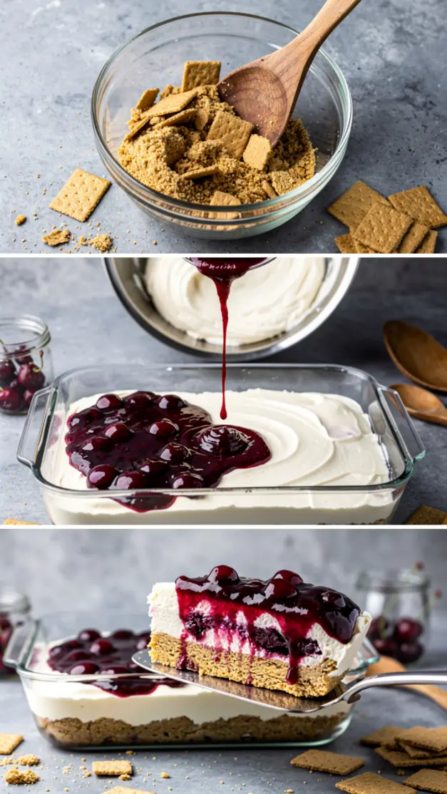 Step-by-step process for No-Bake Cherry Cheesecake Lasagna Recipe