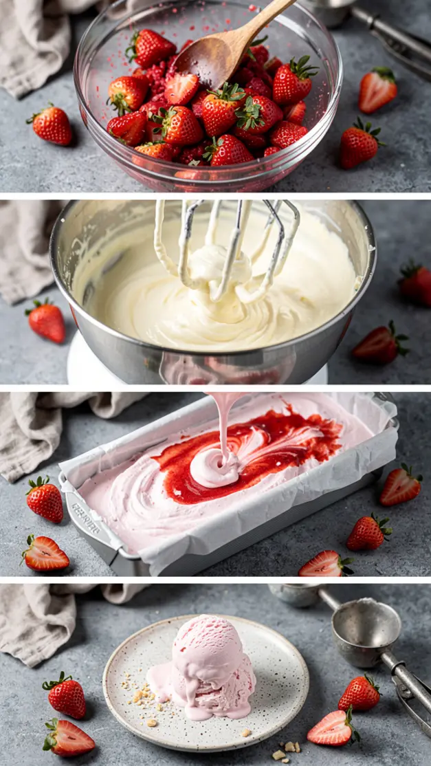 Step-by-step process for No-Churn Strawberry Cheesecake Ice Cream Recipe