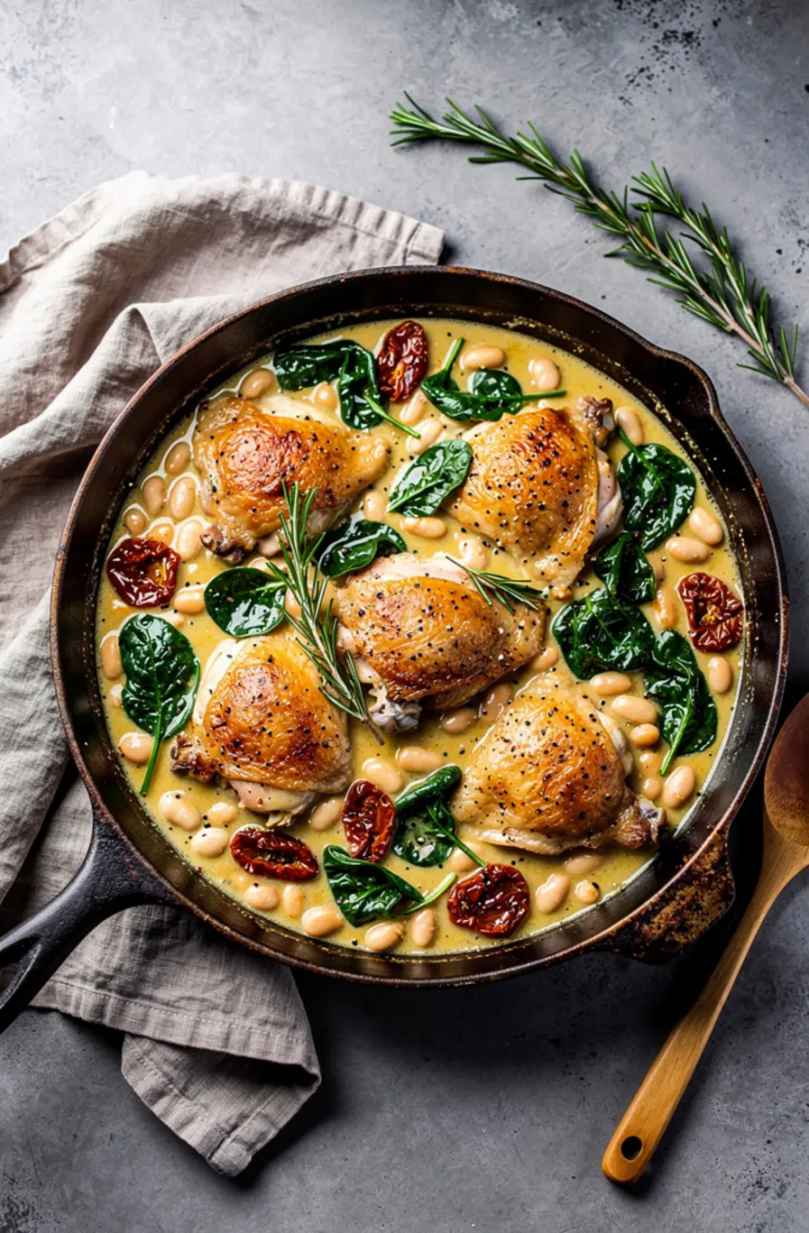One-Pan Tuscan White Bean & Spinach Chicken Skillet Recipe – finished dish