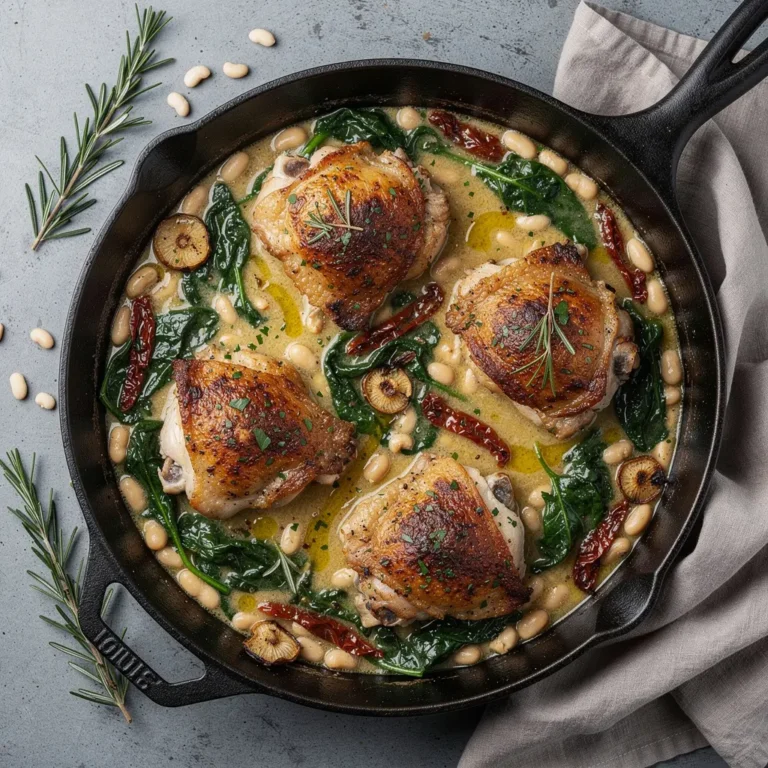One-Pan Tuscan White Bean & Spinach Chicken Skillet Recipe, easy Tuscan white bean chicken skillet, homemade Tuscan chicken skillet recipe, best one-pan Tuscan chicken recipe, how to make Tuscan white bean chicken skillet