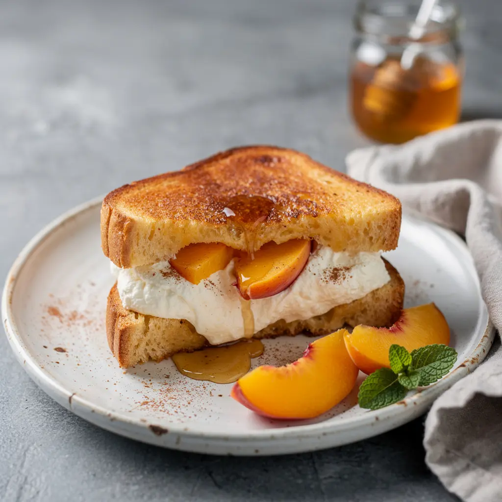 Peaches & Cream Stuffed French Toast (No Bake Filling) Recipe, easy Peaches & Cream Stuffed French Toast, homemade stuffed French toast recipe, best Peaches & Cream French Toast recipe, how to make stuffed French toast with peaches