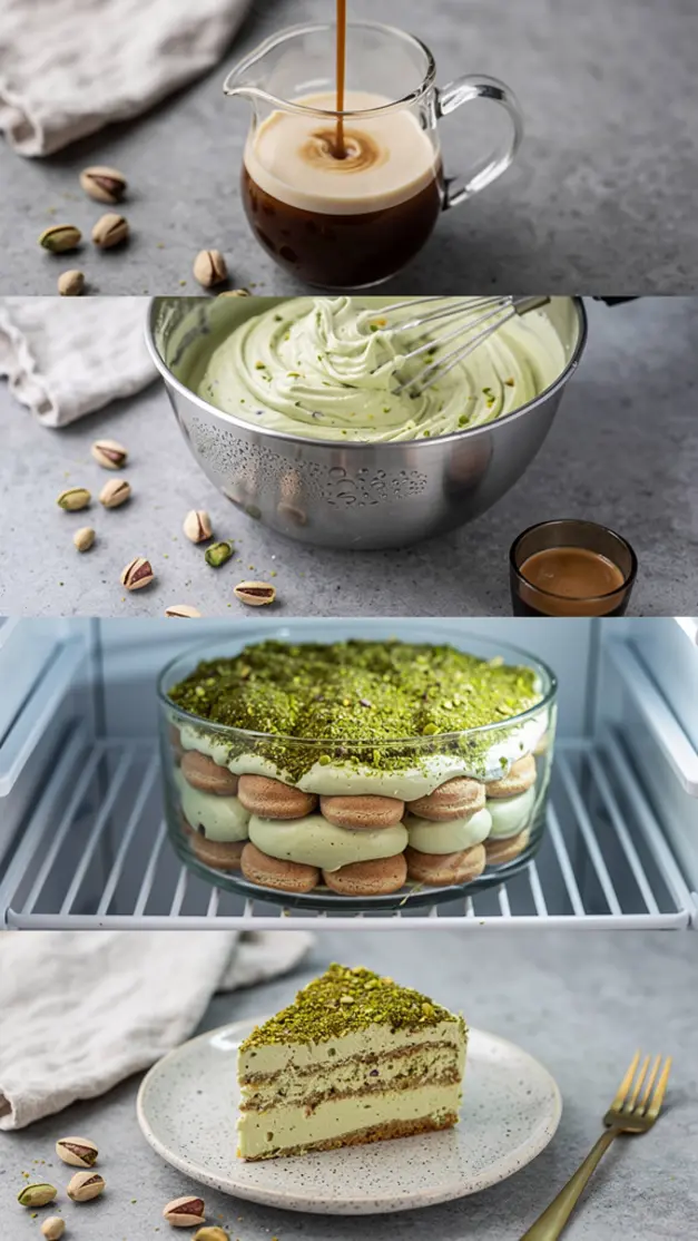 Step-by-step process for Pistachio Cream Tiramisu (No-Bake, No Eggs) Recipe