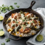 Mexican chicken and rice recipe, easy queso recipe, one-pan Mexican dinner, cilantro lime rice with chicken, creamy queso chicken