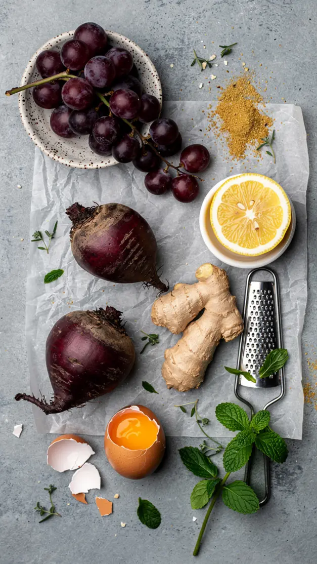 Ingredients for Purple Power Weight Loss Juice Recipe (Beetroot, Grape, Lemon & Ginger)