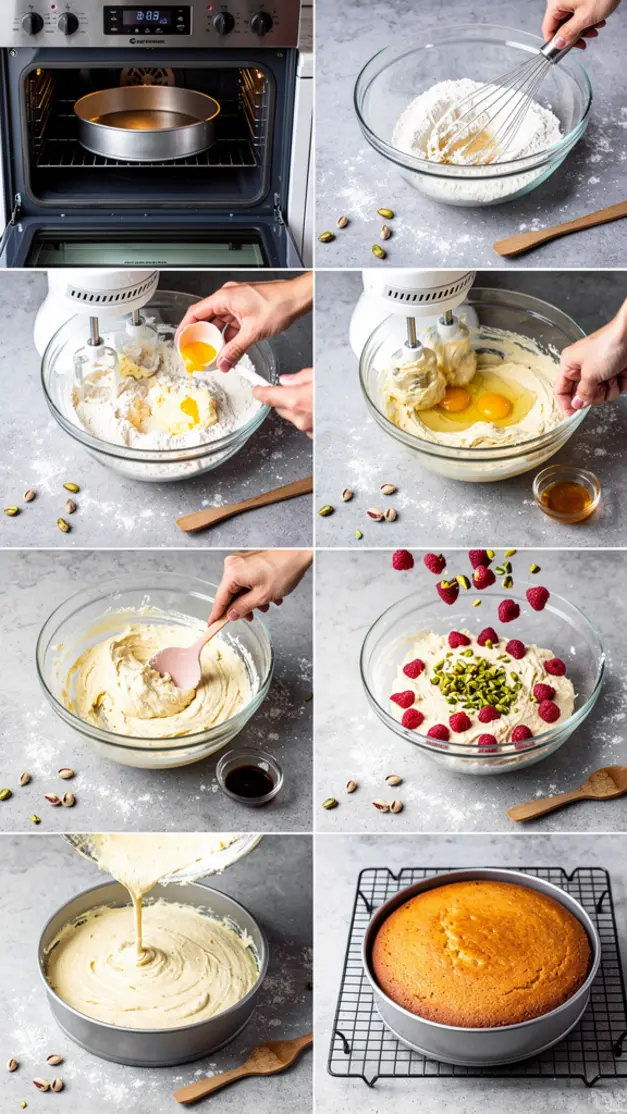 Step-by-step process for Raspberry Pistachio Cake Recipe