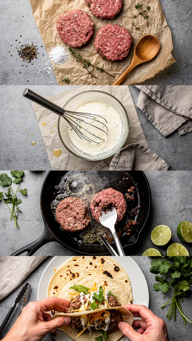 Step-by-step process for Savory Smash Burger Tacos Recipe