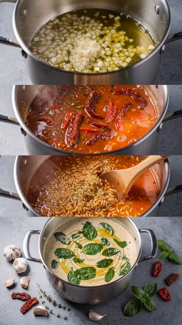Step-by-step process for Sun-Dried Tomato & Roasted Red Pepper Orzo Soup Recipe