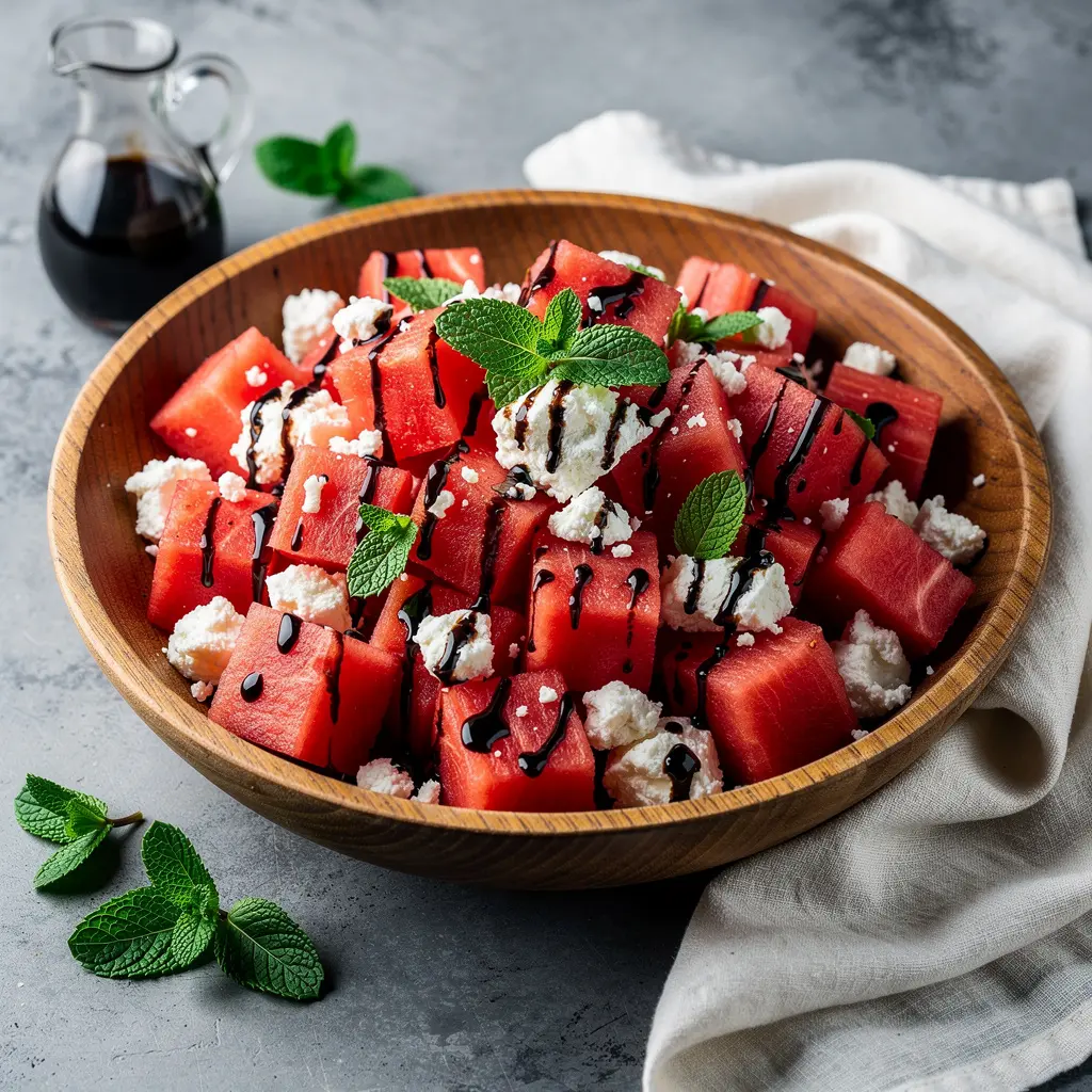 Watermelon Feta Salad with Mint & Balsamic Glaze Recipe, easy watermelon feta salad recipe, homemade watermelon feta salad with balsamic glaze, best watermelon feta salad recipe, how to make watermelon feta salad