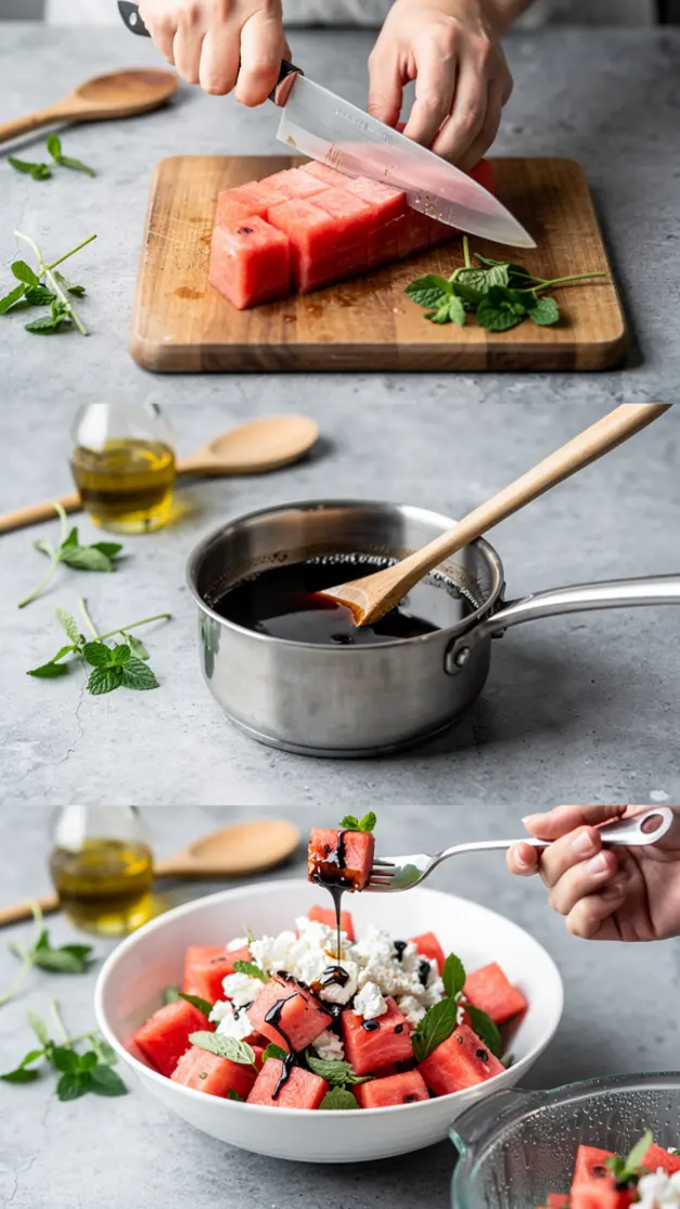 Step-by-step process for Watermelon Feta Salad with Mint & Balsamic Glaze Recipe